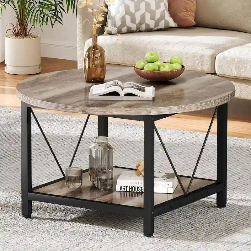 Table basse ronde de ferme de 31,5 pouces, table centrale rustique à 2 niveaux avec étagère de rangement ouverte