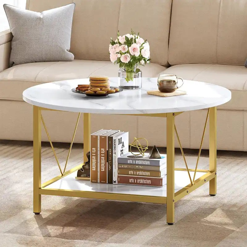 Table basse ronde de ferme de 31,5 pouces, table centrale rustique à 2 niveaux avec étagère de rangement ouverte