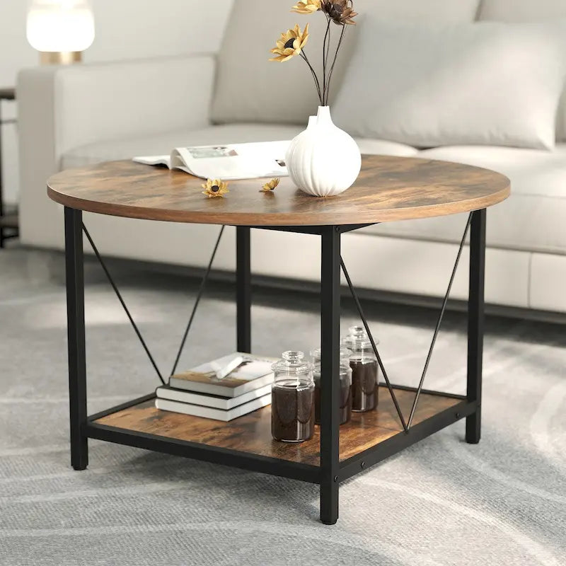 Table basse ronde de ferme de 31,5 pouces, table centrale rustique à 2 niveaux avec étagère de rangement ouverte
