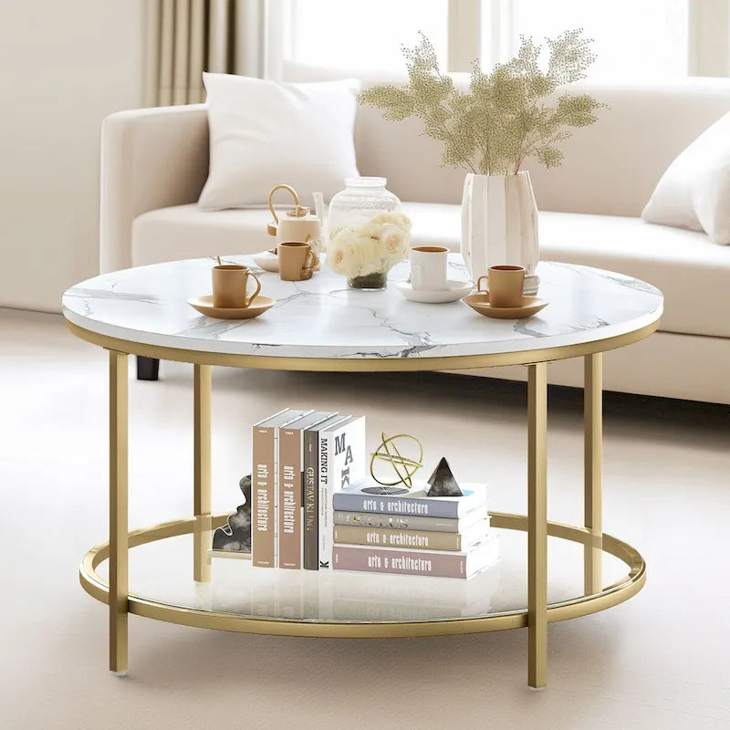 Table basse ronde de ferme de 31,5 pouces, table centrale rustique à 2 niveaux avec étagère de rangement ouverte