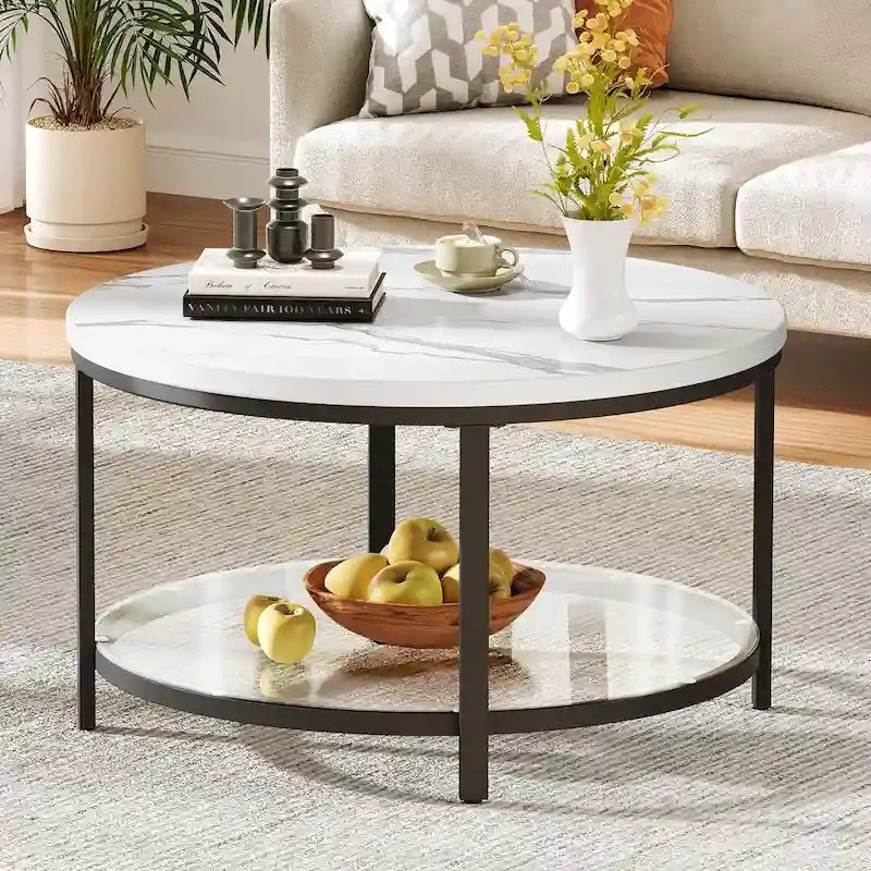 Table basse ronde de ferme de 31,5 pouces, table centrale rustique à 2 niveaux avec étagère de rangement ouverte