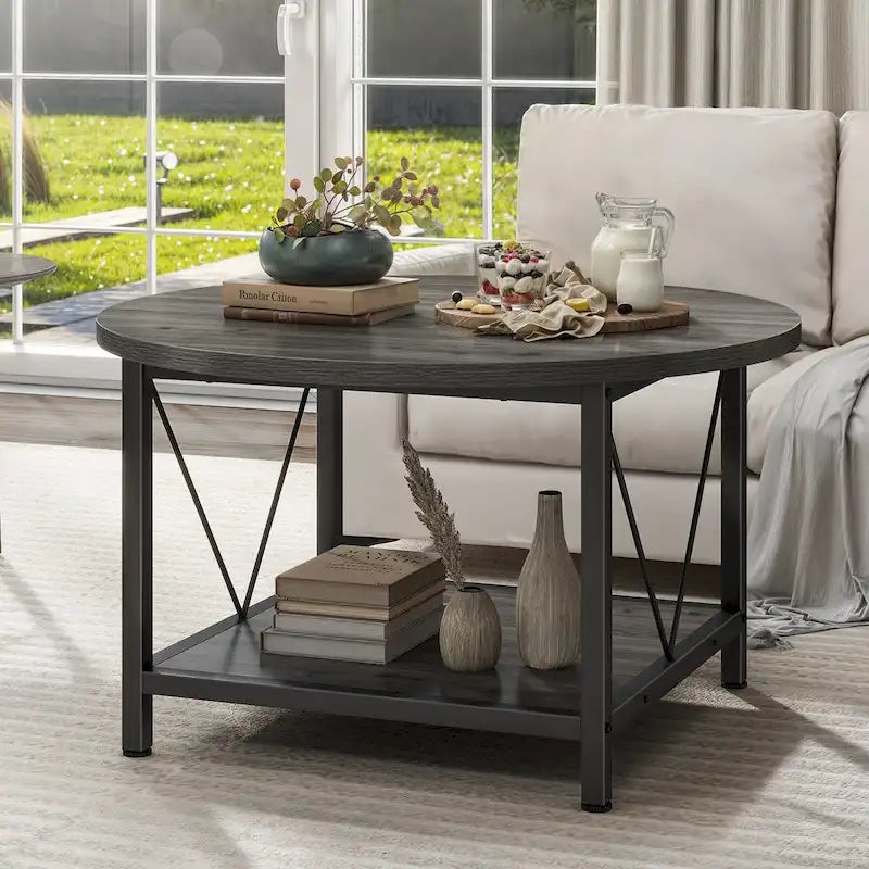 Table basse ronde de ferme de 31,5 pouces, table centrale rustique à 2 niveaux avec étagère de rangement ouverte