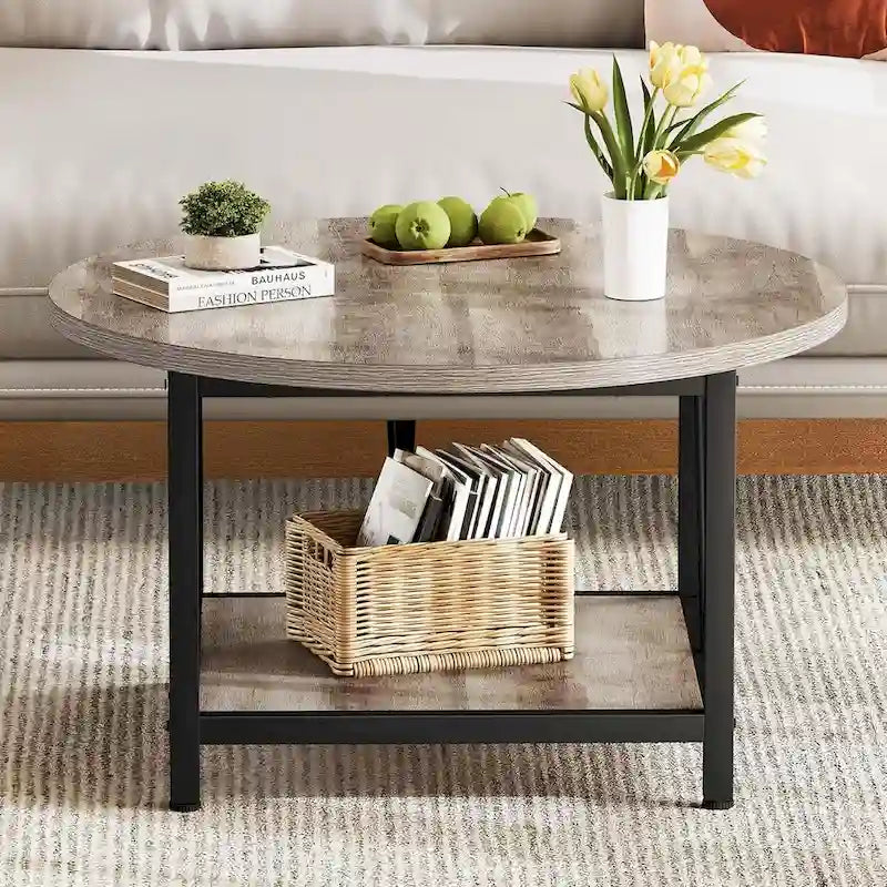 Table basse ronde de ferme de 31,5 pouces, table centrale rustique à 2 niveaux avec étagère de rangement ouverte