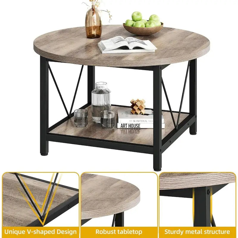 Table basse ronde de ferme de 31,5 pouces, table centrale rustique à 2 niveaux avec étagère de rangement ouverte