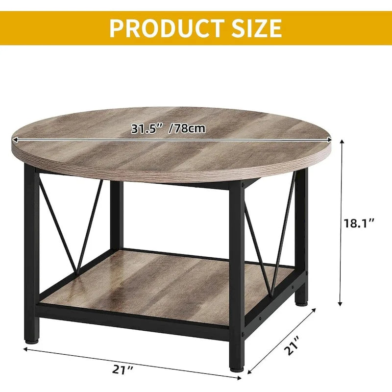 Table basse ronde de ferme de 31,5 pouces, table centrale rustique à 2 niveaux avec étagère de rangement ouverte