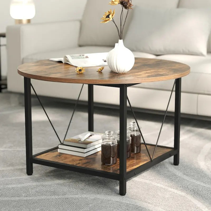 Table basse ronde de ferme de 31,5 pouces, table centrale rustique à 2 niveaux avec étagère de rangement ouverte