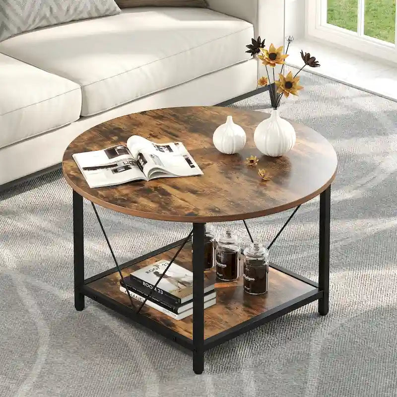 Table basse ronde de ferme de 31,5 pouces, table centrale rustique à 2 niveaux avec étagère de rangement ouverte