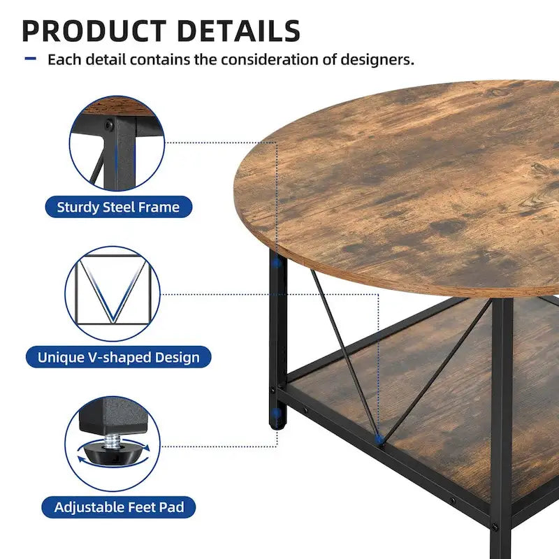 Table basse ronde de ferme de 31,5 pouces, table centrale rustique à 2 niveaux avec étagère de rangement ouverte