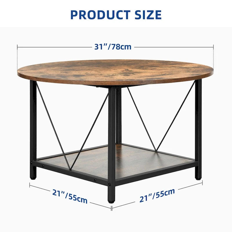 Table basse ronde de ferme de 31,5 pouces, table centrale rustique à 2 niveaux avec étagère de rangement ouverte
