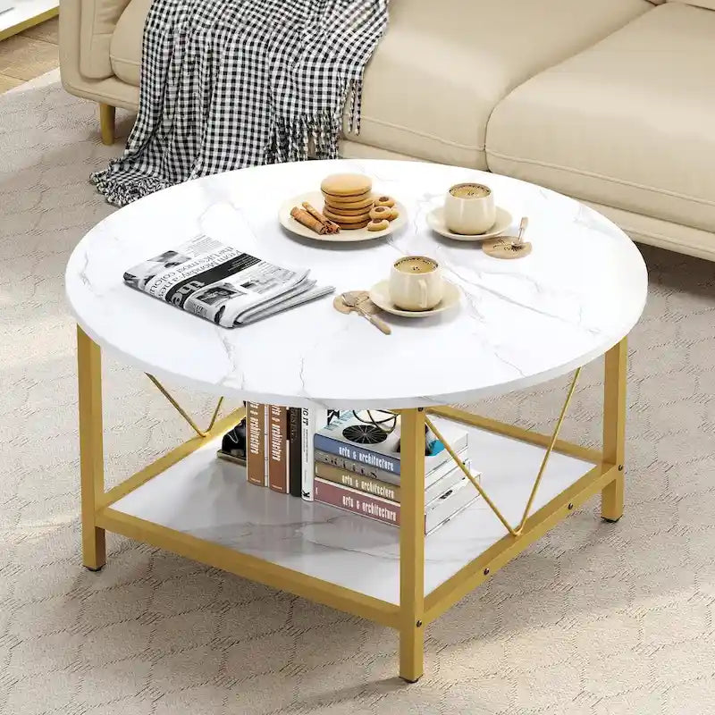Table basse ronde de ferme de 31,5 pouces, table centrale rustique à 2 niveaux avec étagère de rangement ouverte
