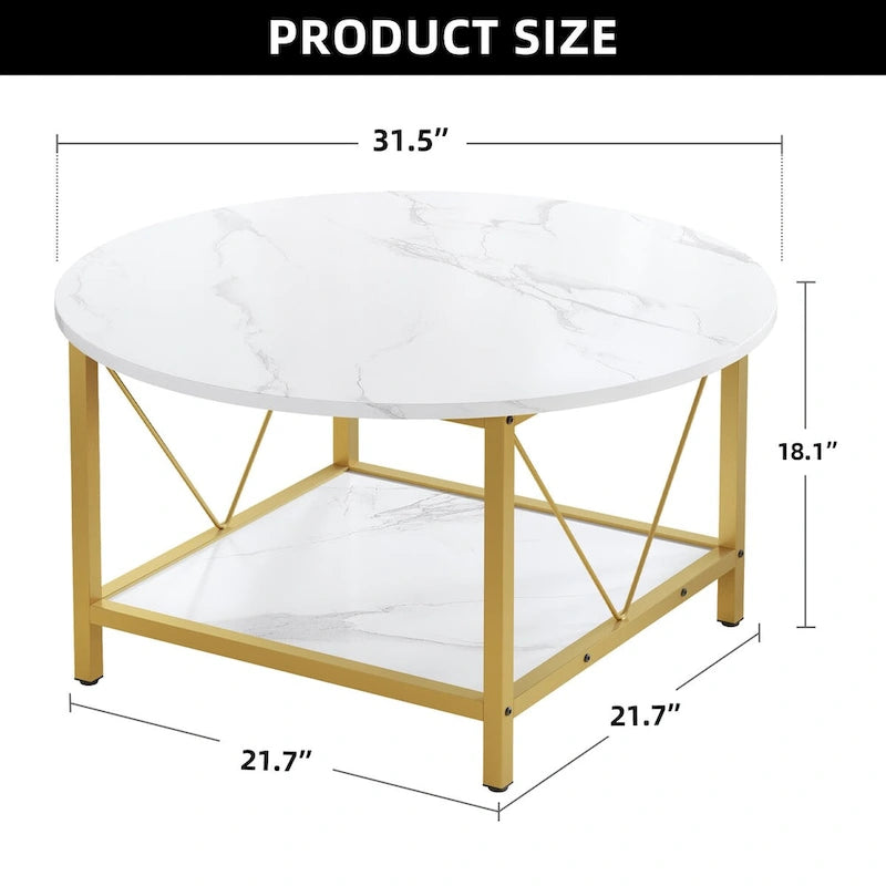 Table basse ronde de ferme de 31,5 pouces, table centrale rustique à 2 niveaux avec étagère de rangement ouverte