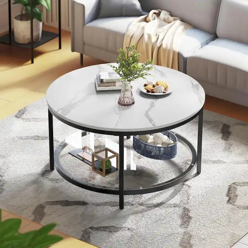 Table basse ronde de ferme de 31,5 pouces, table centrale rustique à 2 niveaux avec étagère de rangement ouverte