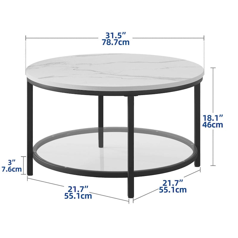 Table basse ronde de ferme de 31,5 pouces, table centrale rustique à 2 niveaux avec étagère de rangement ouverte