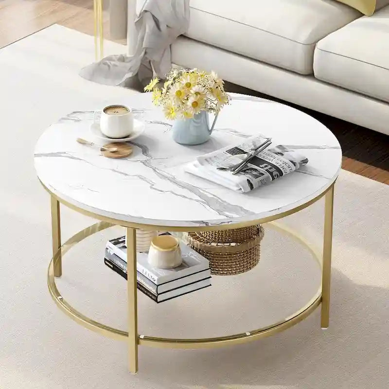 Table basse ronde de ferme de 31,5 pouces, table centrale rustique à 2 niveaux avec étagère de rangement ouverte