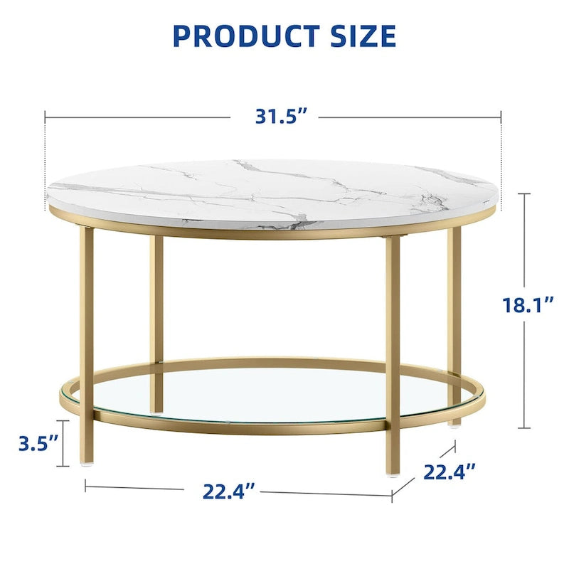 Table basse ronde de ferme de 31,5 pouces, table centrale rustique à 2 niveaux avec étagère de rangement ouverte