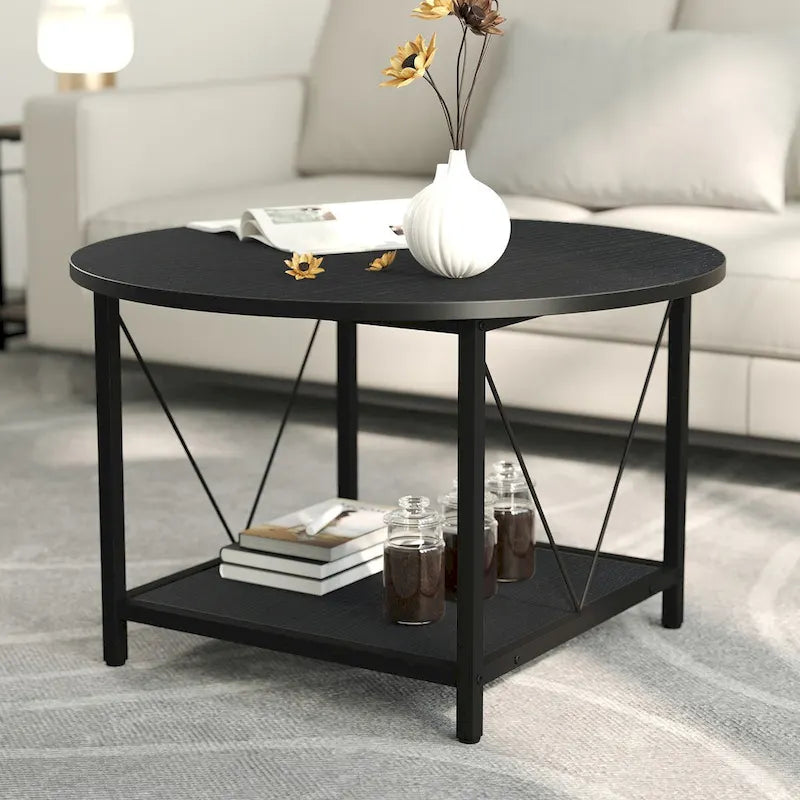 Table basse ronde de ferme de 31,5 pouces, table centrale rustique à 2 niveaux avec étagère de rangement ouverte