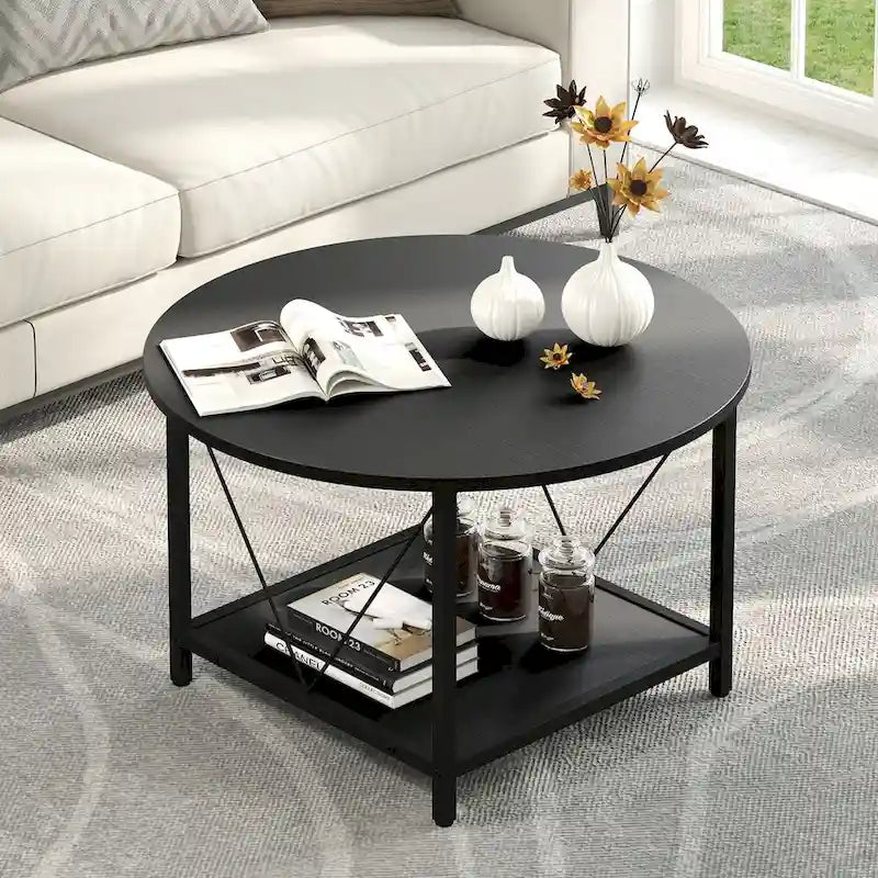 Table basse ronde de ferme de 31,5 pouces, table centrale rustique à 2 niveaux avec étagère de rangement ouverte