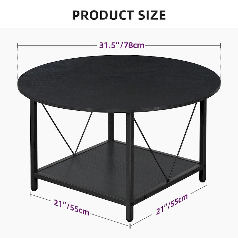 Table basse ronde de ferme de 31,5 pouces, table centrale rustique à 2 niveaux avec étagère de rangement ouverte