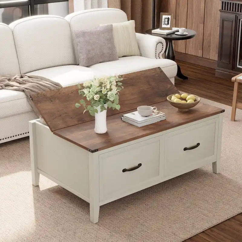 Table basse avec rangement dissimulé, 2 tiroirs et plateau relevable avec charnières à vérin - Voir les détails