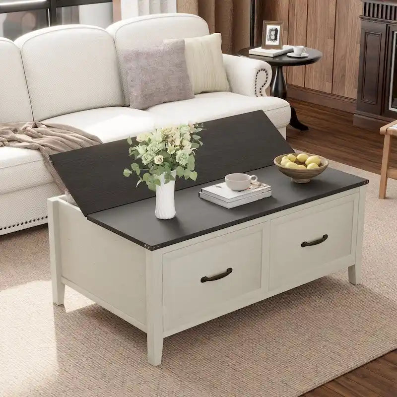 Table basse avec rangement dissimulé, 2 tiroirs et plateau relevable avec charnières à vérin - Voir les détails