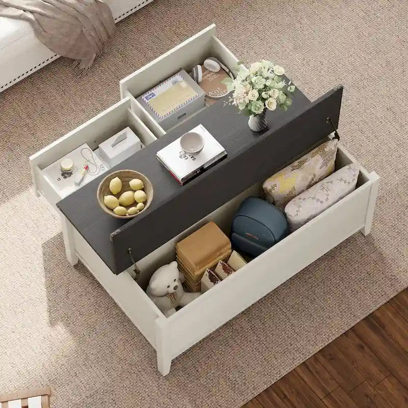 Table basse avec rangement dissimulé, 2 tiroirs et plateau relevable avec charnières à vérin - Voir les détails