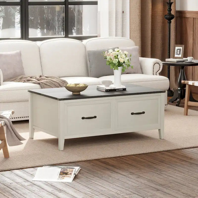 Table basse avec rangement dissimulé, 2 tiroirs et plateau relevable avec charnières à vérin - Voir les détails