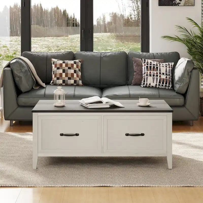 Table basse avec rangement dissimulé, 2 tiroirs et plateau relevable avec charnières à vérin - Voir les détails