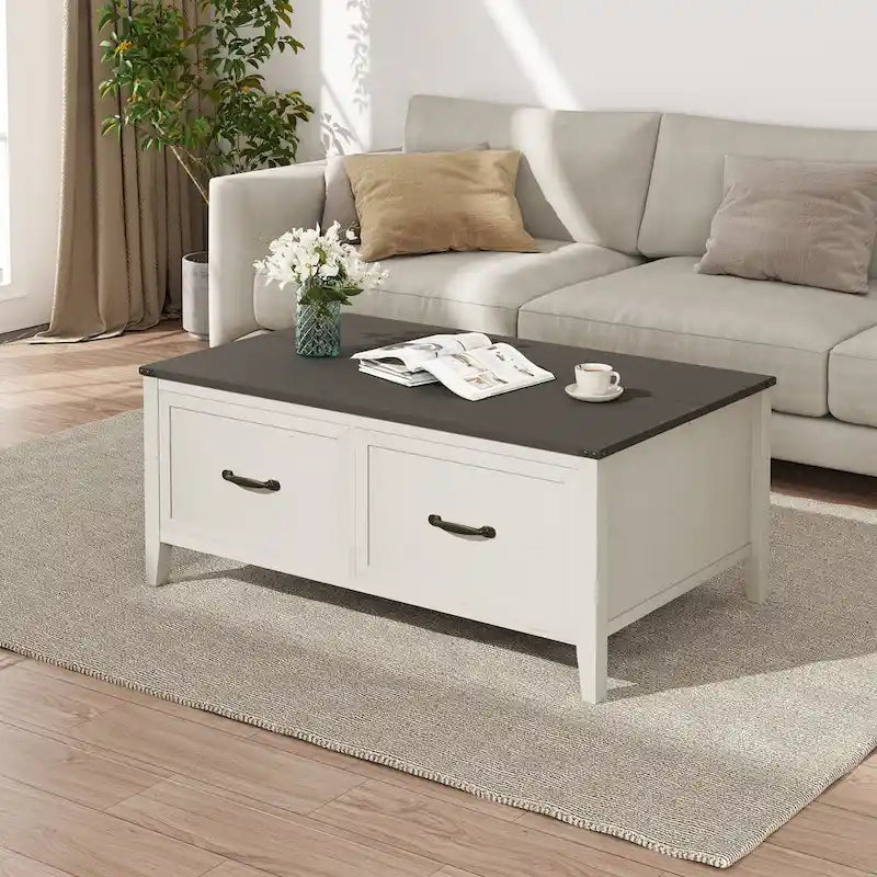 Table basse avec rangement dissimulé, 2 tiroirs et plateau relevable avec charnières à vérin - Voir les détails