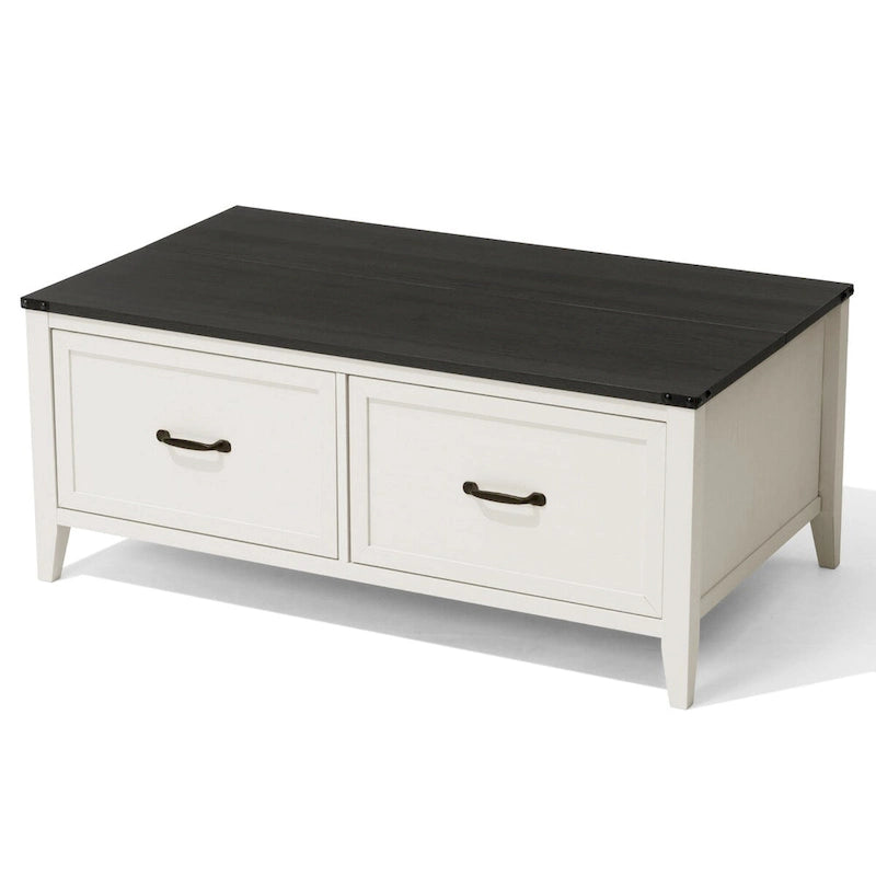 Table basse avec rangement dissimulé, 2 tiroirs et plateau relevable avec charnières à vérin - Voir les détails