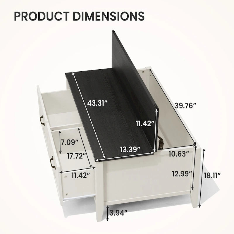 Table basse avec rangement dissimulé, 2 tiroirs et plateau relevable avec charnières à vérin - Voir les détails