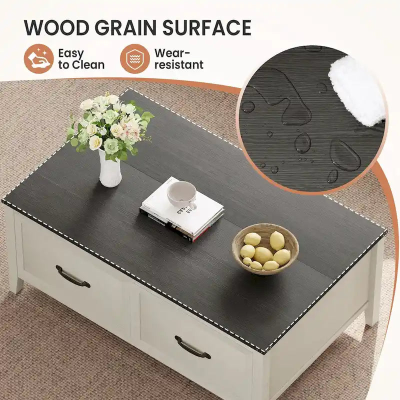 Table basse avec rangement dissimulé, 2 tiroirs et plateau relevable avec charnières à vérin - Voir les détails