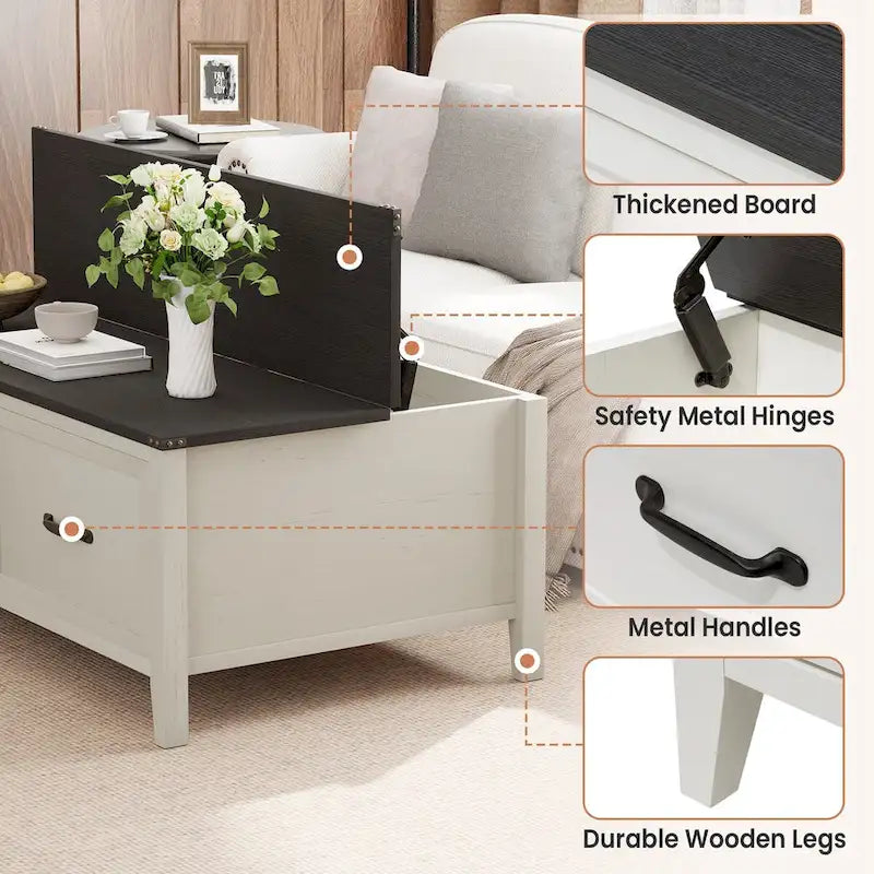 Table basse avec rangement dissimulé, 2 tiroirs et plateau relevable avec charnières à vérin - Voir les détails