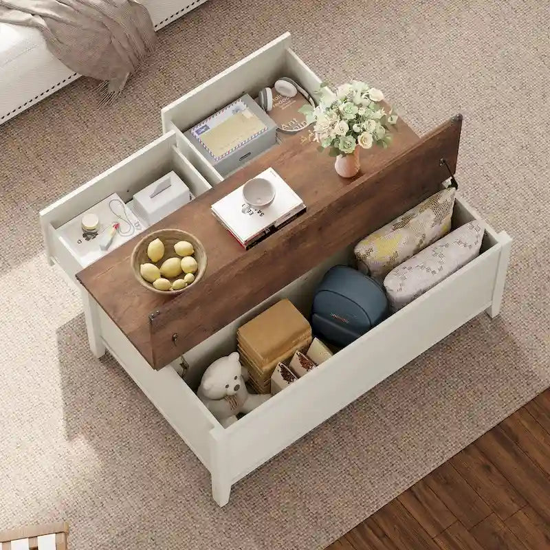 Table basse avec rangement dissimulé, 2 tiroirs et plateau relevable avec charnières à vérin - Voir les détails