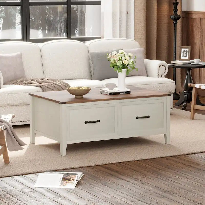 Table basse avec rangement dissimulé, 2 tiroirs et plateau relevable avec charnières à vérin - Voir les détails