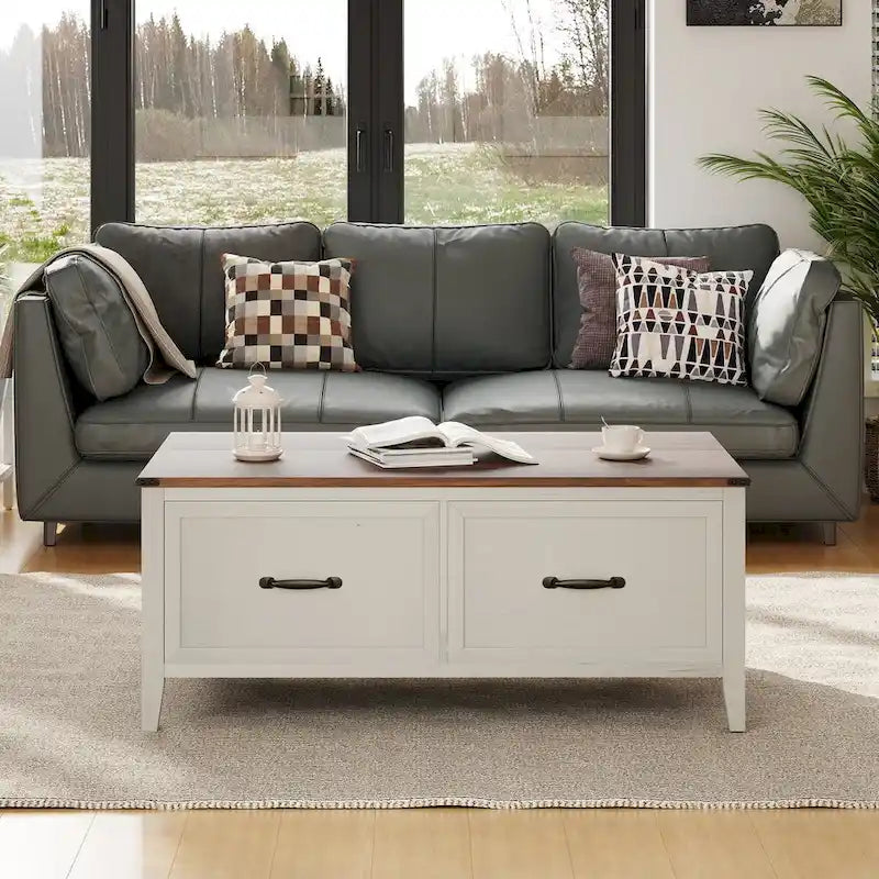Table basse avec rangement dissimulé, 2 tiroirs et plateau relevable avec charnières à vérin - Voir les détails