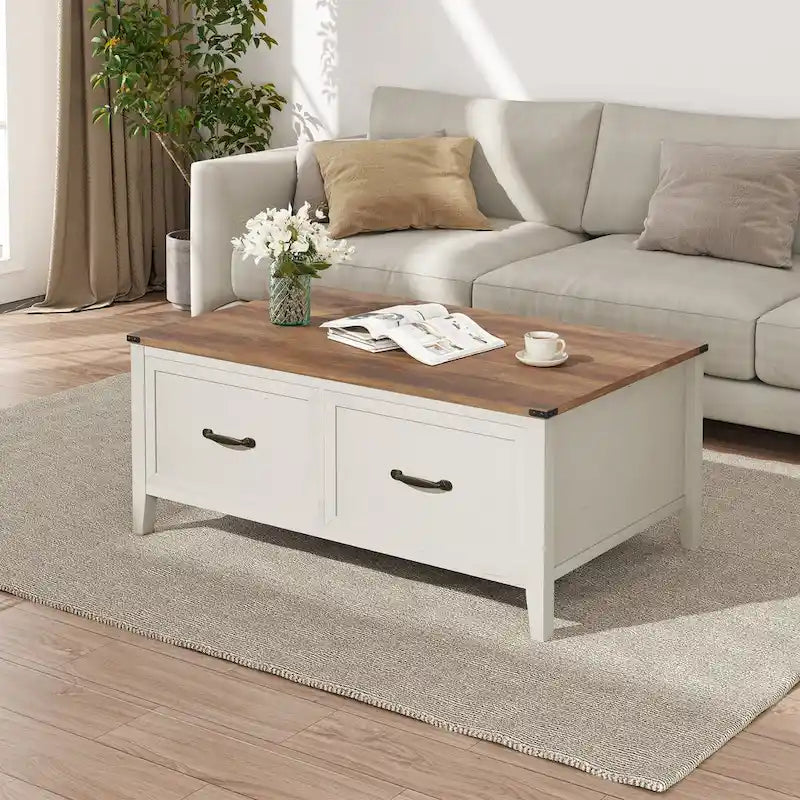 Table basse avec rangement dissimulé, 2 tiroirs et plateau relevable avec charnières à vérin - Voir les détails
