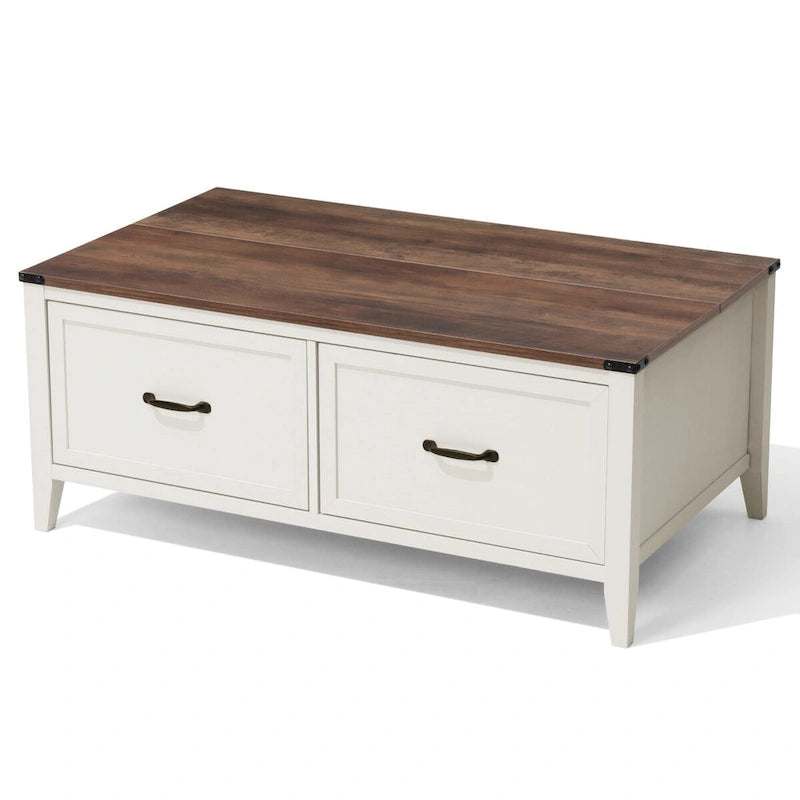 Table basse avec rangement dissimulé, 2 tiroirs et plateau relevable avec charnières à vérin - Voir les détails