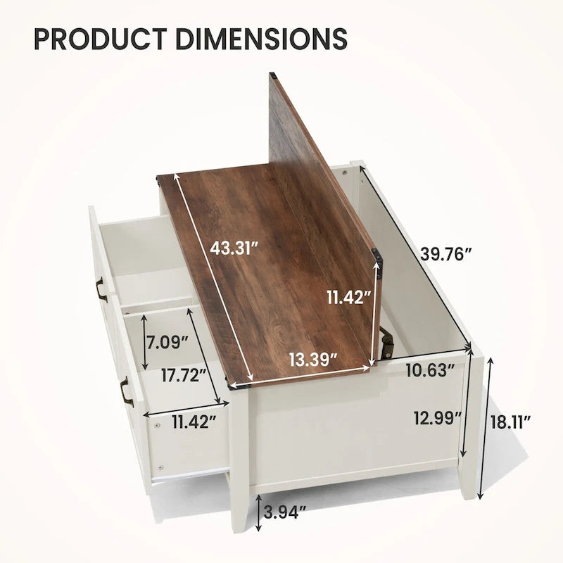 Table basse avec rangement dissimulé, 2 tiroirs et plateau relevable avec charnières à vérin - Voir les détails
