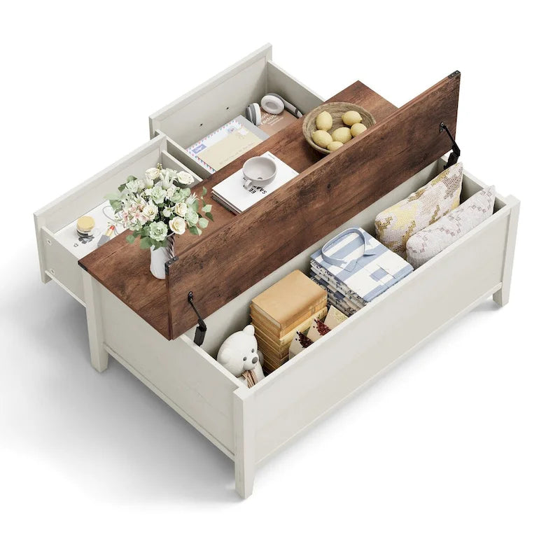 Table basse avec rangement dissimulé, 2 tiroirs et plateau relevable avec charnières à vérin - Voir les détails