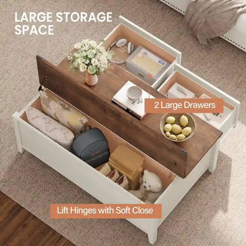 Table basse avec rangement dissimulé, 2 tiroirs et plateau relevable avec charnières à vérin - Voir les détails