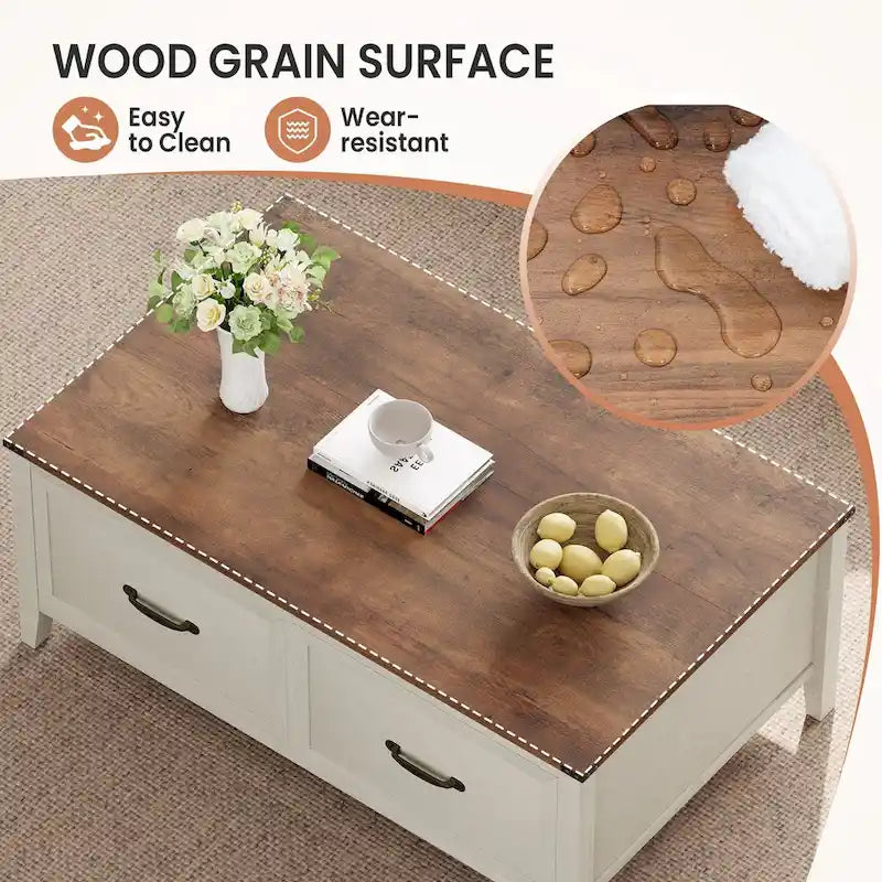 Table basse avec rangement dissimulé, 2 tiroirs et plateau relevable avec charnières à vérin - Voir les détails
