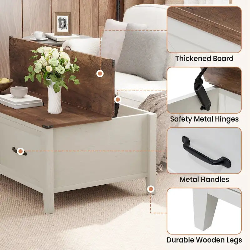 Table basse avec rangement dissimulé, 2 tiroirs et plateau relevable avec charnières à vérin - Voir les détails