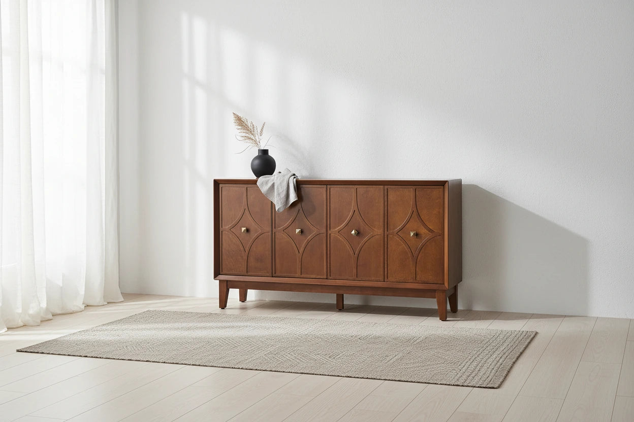 Mid-century 60 Wide Diamond-shaped Patterned Sideboard with Adjustable Shelves by